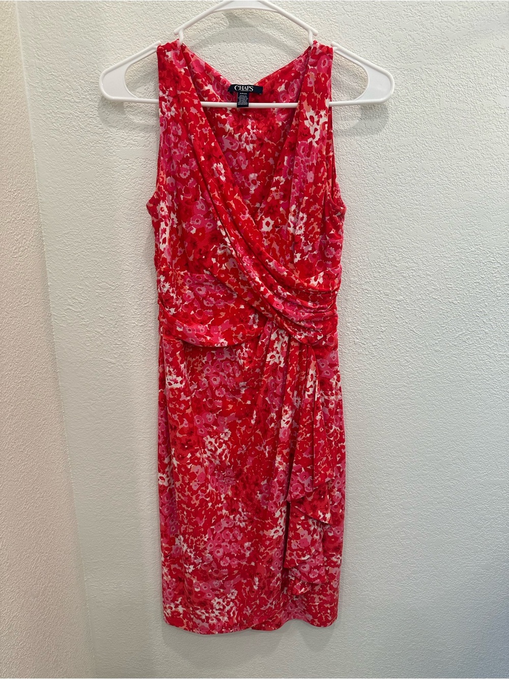 Red and Pink Floral Wrap-Style Sleeveless Dress